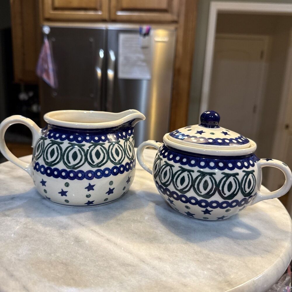 BOLESLAWIEC Polish Pottery Sugar Bowl and Creamer Set Handmade Poland Blue Green